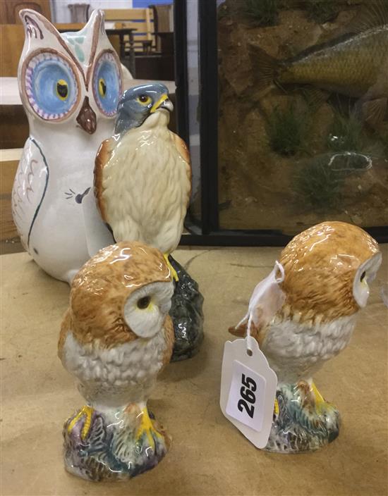 C H Brannam Ltd pottery owl, with mouse motif, printed mark, two Beswick barn owls & a Beneagles Kestrel